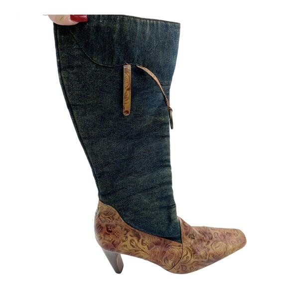 Vintage Bumper Leather Western Cowboy Boots Denim Shaft Block Heel Square Size 9 - Picture 1 of 8